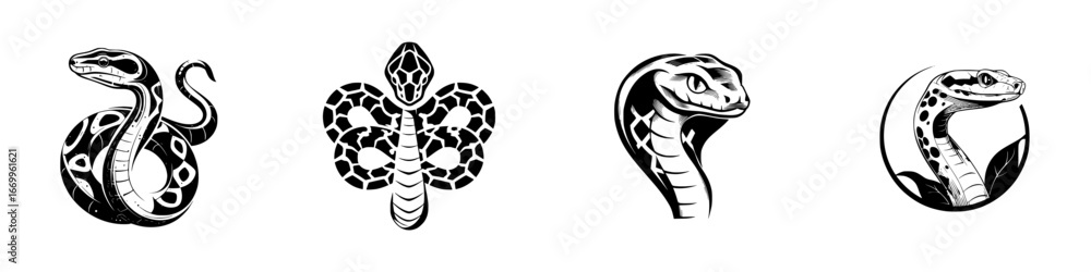 Fototapeta premium Stylized Snake Designs Black and White Reptile Art Collection, minimalist monochrome icons