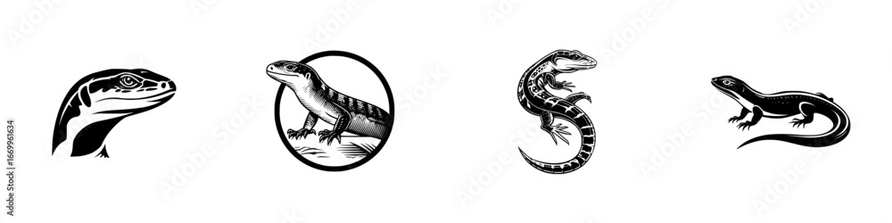 Fototapeta premium Stylized lizards and gecko in black and white graphic art, minimalist monochrome icons