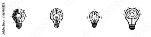 Brain and light bulb symbolizing creativity and innovation, minimalist monochrome icons