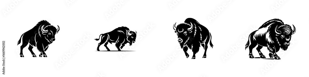 Obraz premium American Bison Silhouettes Majestic Wildlife Art, minimalist monochrome icons