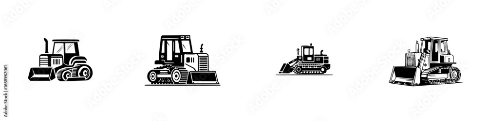 Naklejka premium Construction vehicles: bulldozers and excavators with loaders and tracks, graphic icons, minimalist monochrome icons