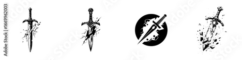 Fantasy sword shattering into fragments, dramatic medieval weapon, minimalist monochrome icons