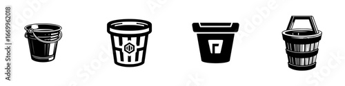 Collection of stylized buckets and containers in black and white silhouette, minimalist monochrome icons