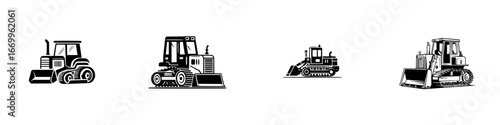 Construction vehicles: bulldozers and excavators with loaders and tracks, graphic icons, minimalist monochrome icons