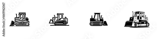 Bulldozer and Crawler Tractor Icons, minimalist monochrome icons