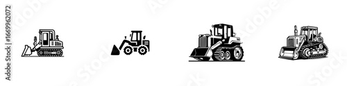 Construction vehicles line art icons: loaders, bulldozers, backhoes, minimalist monochrome icons