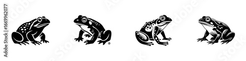 Four stylized black frogs in profile, isolated on white background, minimalist monochrome icons