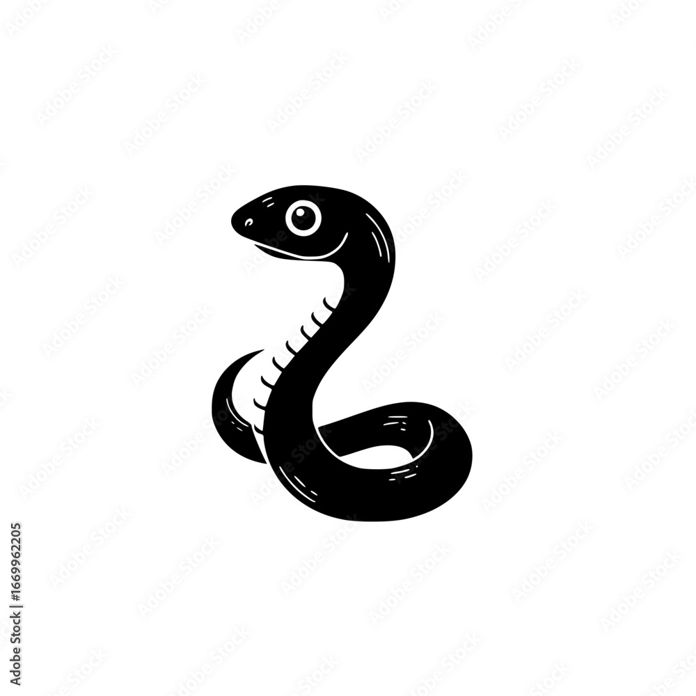 Fototapeta premium Stylized Black Snake Curled Body Wide Eyes, minimalist monochrome icons