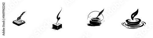 Quill pens and inkwells with ink splashes and drips, creative writing and calligraphy symbols, minimalist monochrome icons