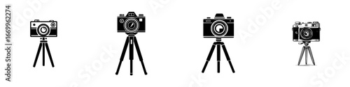 Vintage and modern cameras on tripods, graphic icons collection, minimalist monochrome icons