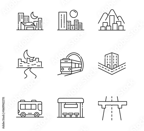 Set of Urban icon, City skyline, Skyscraper, Train or railways, Bus and Bus stop Symbol Outline icon, Editable Stroke