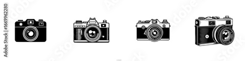 Vintage and retro camera icons in black and white, minimalist monochrome icons