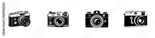 Vintage film cameras in black and white retro style, minimalist monochrome icons