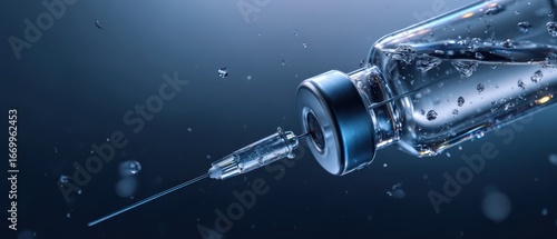 The vaccine vial and hypodermic syringe with water droplets on dark background