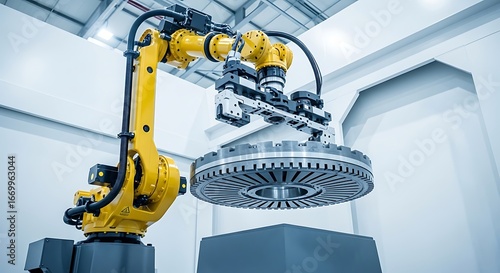 A modern industrial robot arm precisely positions a large metal disc in a well-lit, spacious factory setting.