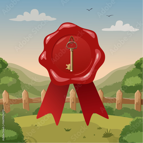 Vector Illustration of Red Wax Seal Featuring a Key Icon, Elegant Design, Perfect for Invitations and Official Documents.
