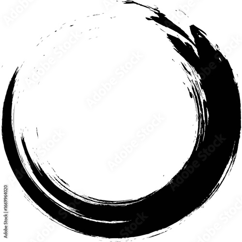 A bold, expressive black ink brushstroke forming a perfect Zen circle.