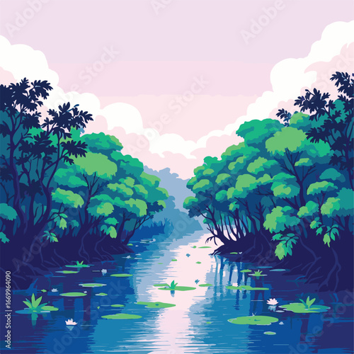 Tropical forest with flowing blue river