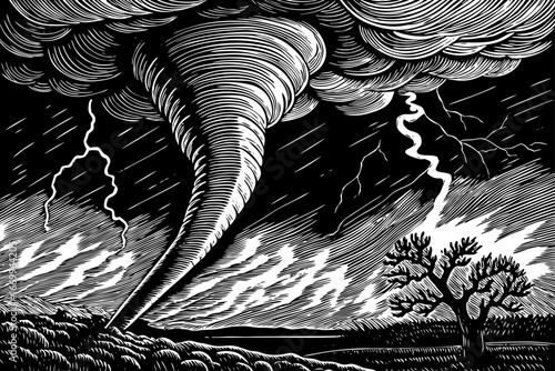 Night tornado illuminated by lightning, dramatic storm scene across dark horizon shown in black and white sketch.