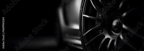 black and white banner showing closeup of car wheel on dark background with minimalistic composition representing automotive design concept transportation and modern vehicle advertising