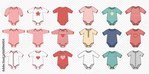 Collection of baby onesies in various colors and patterns.