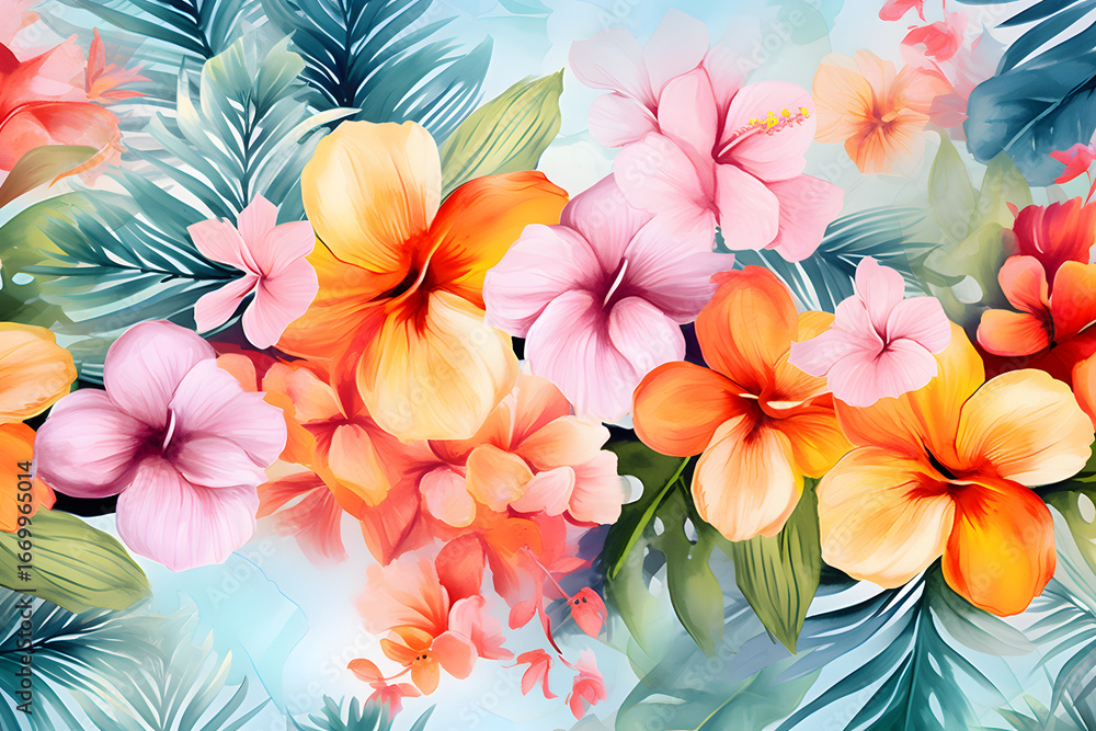 Fototapeta premium Vibrant tropical floral design with hibiscus flowers in shades of orange, pink, and yellow, surrounded by lush green leaves and foliage.