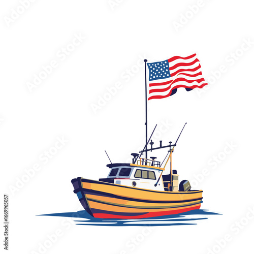 Fishing boat sailing with American flag
