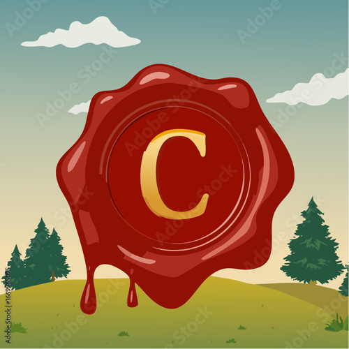 Red seal wax with alphabet letter C vector