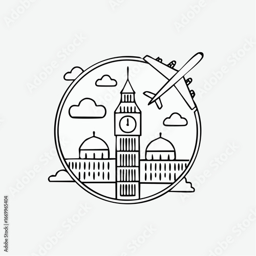 Line art vector icons of world landmarks, big ben and airplane