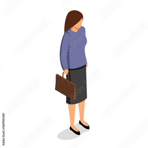 Isometric illustration of a woman in business attire holding a briefcase.