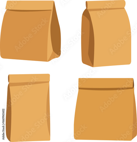 Variety of brown paper bags for school lunch or takeout food packaging options on white background