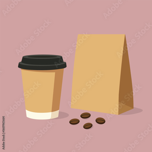 Enjoy fresh roasted coffee beans with a takeaway cup on a pink background for a morning boost