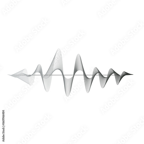 A dynamic abstract visualization of a sound wave, rendered with intricate lines and gradients on a white background.