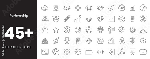 Partnership icon set. Containing handshake, contract, agreement, business partners, team collaboration, alliance, partnership document, trust badge, deal sign, cooperation arrows, business growth