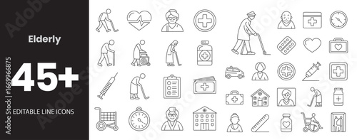 Elderly Care icon set. Containing walking cane, senior couple, wheelchair, caregiver, heart support, home care, medication, elderly support badge, health check, retirement plan, nursing home , lines
