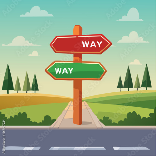 Red and green arrow post sign Right Way and Wrong Way