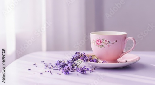 Pink Floral Teacup with Lavender Flowers on White Surface in Soft Natural Light