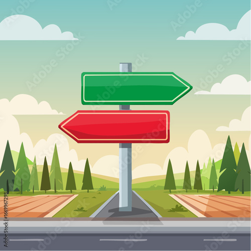 Red and green arrow post sign Right Way and Wrong Way