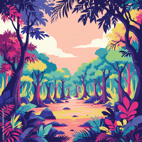 Forest walkway surrounded by bright sunlight