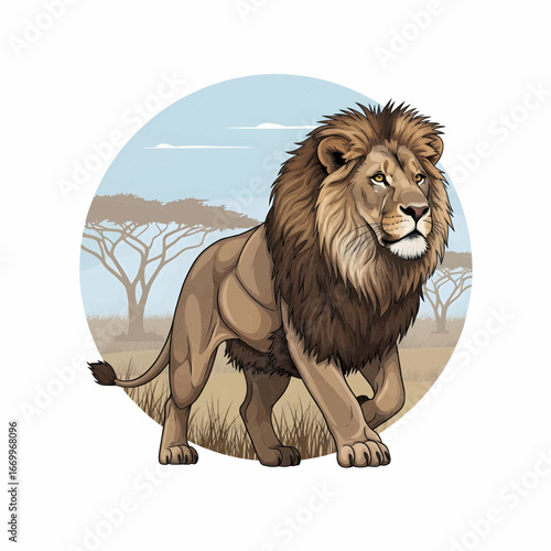 Vector illustration of a lion in savanna habitat