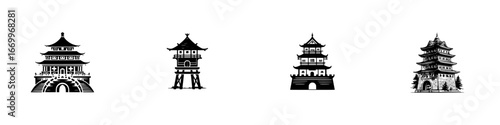 Traditional Asian pagodas and towers with intricate architectural details, minimalist monochrome icons