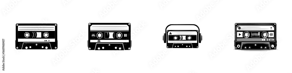 Fototapeta premium Retro audio cassette tapes collection, vintage music media, analog sound recording devices, minimalist monochrome icons