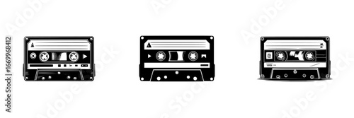 Retro cassette tapes for analog audio recording and music storage, minimalist monochrome icons