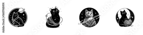 Cats exploring cosmic universe with planets and stars, minimalist monochrome icons
