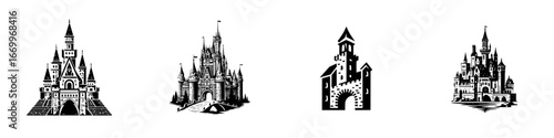 Fantasy Castle Silhouettes Set, minimalist monochrome icons