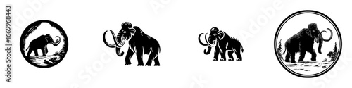 Prehistoric Mammoth Silhouettes and Icons, minimalist monochrome icons