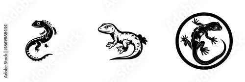 Stylized Salamander and Lizard Silhouettes, minimalist monochrome icons