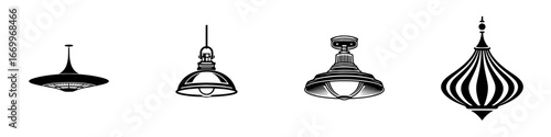 Vintage and modern pendant light fixtures in black and white silhouette, minimalist monochrome icons