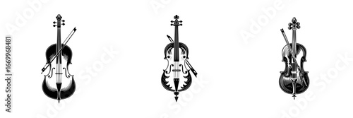 Cello and Bow, Classical String Instrument, minimalist monochrome icons