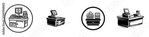 Retail and commerce icons: cash register and shopping basket, minimalist monochrome icons
